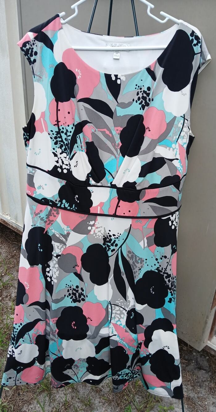 Dressbarn Smooth Knit Sleeveless Size 18 Dress Fit N Flare Black White Floral 1X